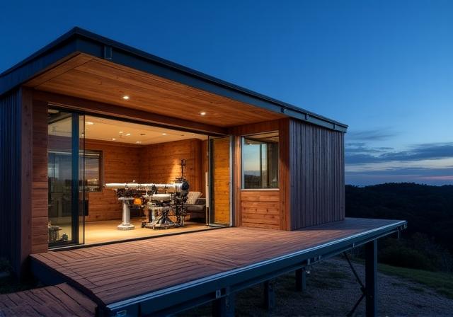 Een modern houten observatorium met een schuifdak dat openstaat